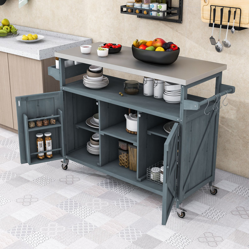 Miho Rolling Kitchen Island with Storage Cabinet, Grill Table with Stainless Steel Top and Spice Rack, Gray/Blue