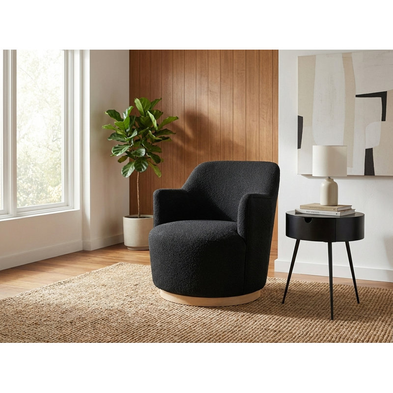 Fauteuil pivotant rembourré Ixareli, Tissu bouclé noir