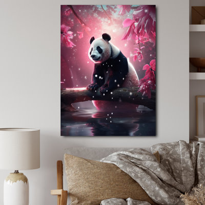 Adorable panda sur une branche avec des fleurs roses I sur toile