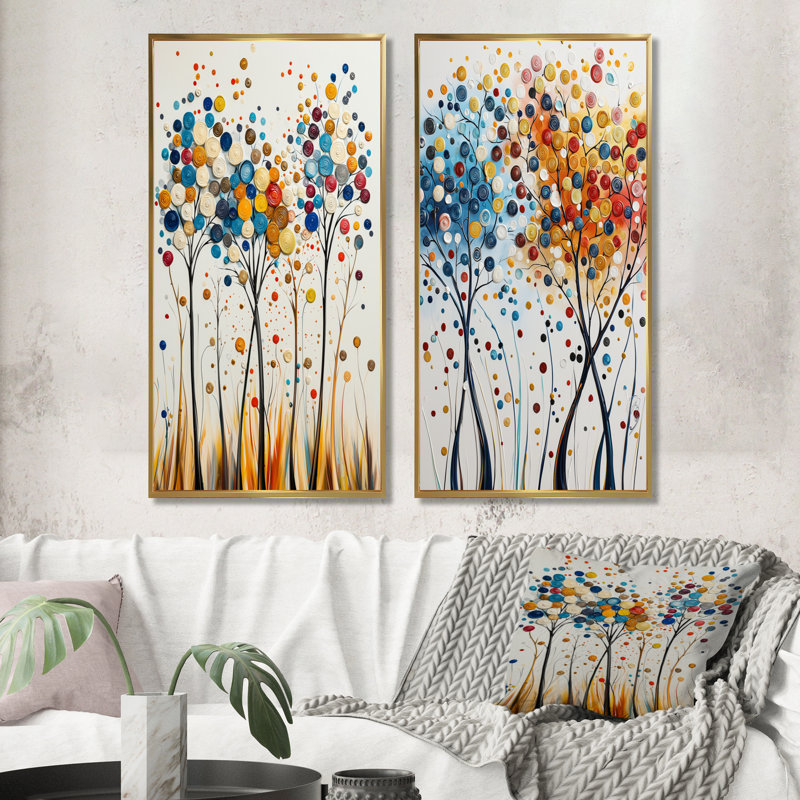 Ensemble de 4 pièces d'art mural orange et bleu 4 saisons Reflections I - abstrait Mid-Century, Cadre flottant doré