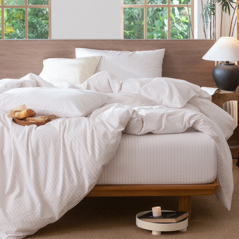 MooMee Striped Duvet Cover Set 100% Washed Cotton Linen Like Textured, Wide Stripes - White/Grayish Pink