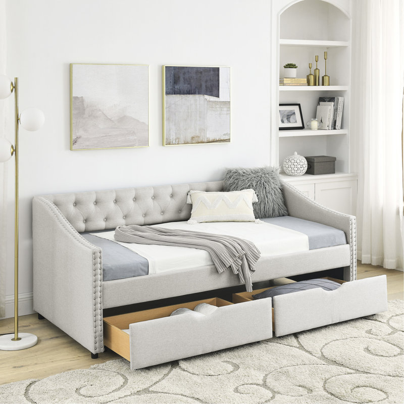 Comfortable Tufted Sofa Bed With Drawers And Sturdy Construction, Beige