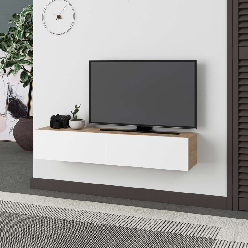 Meuble télé moderne en chêne saphir et blanc, 53,1 po x 9,8 po x 12,5 po | 100% panneau de particules enduit de mélamine, épaisseur: 0,7 pouce | Durable avec une capacité de 44 lb | Design élégant et fonctionnel pour le salon et les espaces de divertissement