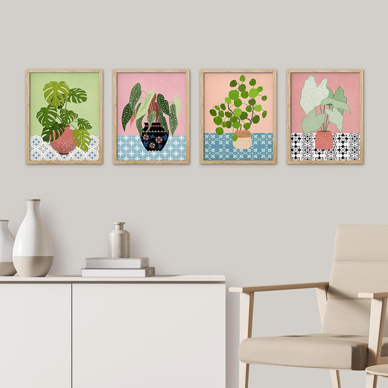 «Antique Vases Botanical Plant», reproduction encadrée de 4 pièces, H 10 po x l 8 po x P 1 po, Encadré naturel