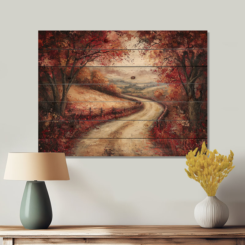 Country Lane In Autumn I - Impression sur bois de forêt - sur bois de pin naturel, H 10 po x l 20 po x P 0,78 po