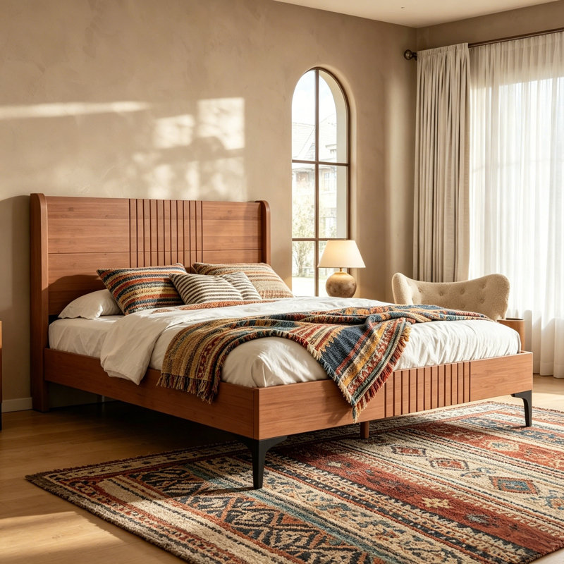 Full Size Mid-Century Modern Bamboo Platform Bed Frame with Rounded Corner Headboard, Solid Wood Slat Support, No Box Spring Needed, Natural.