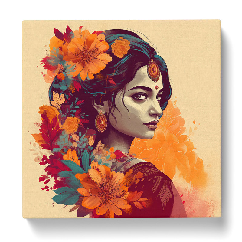 Indian Woman Floral - Wrapped Canvas