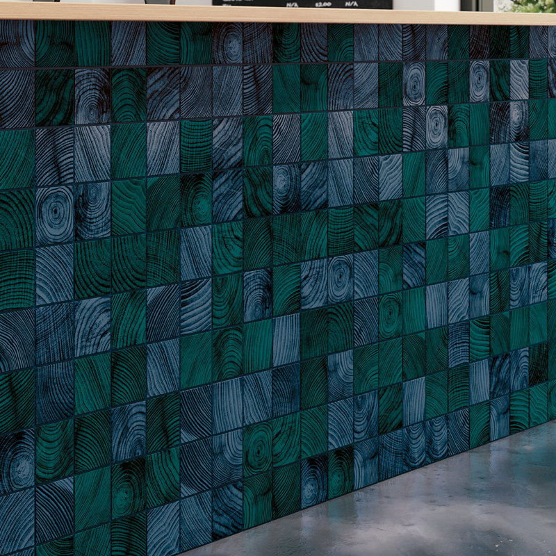 Recollect 4" W x 4" L Glass Wood Look Tile Mosaic Sheet, Teal