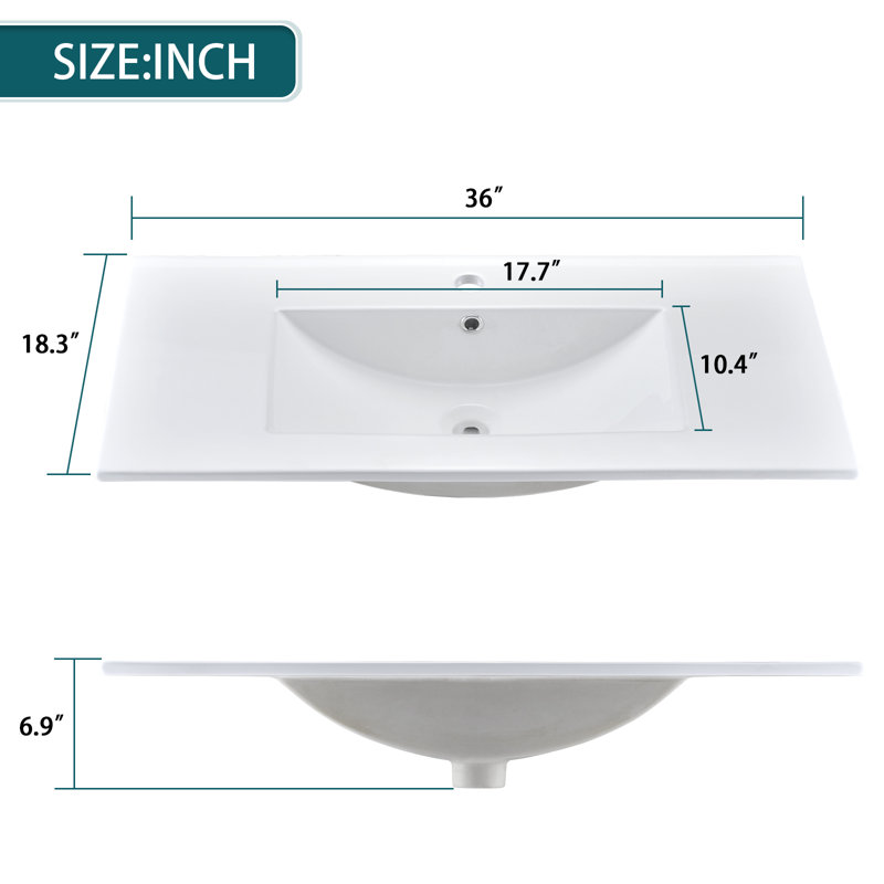 36”Bathroom Ceramic Integrated Basin With Single Hole Tap And Pop-Up Drain
