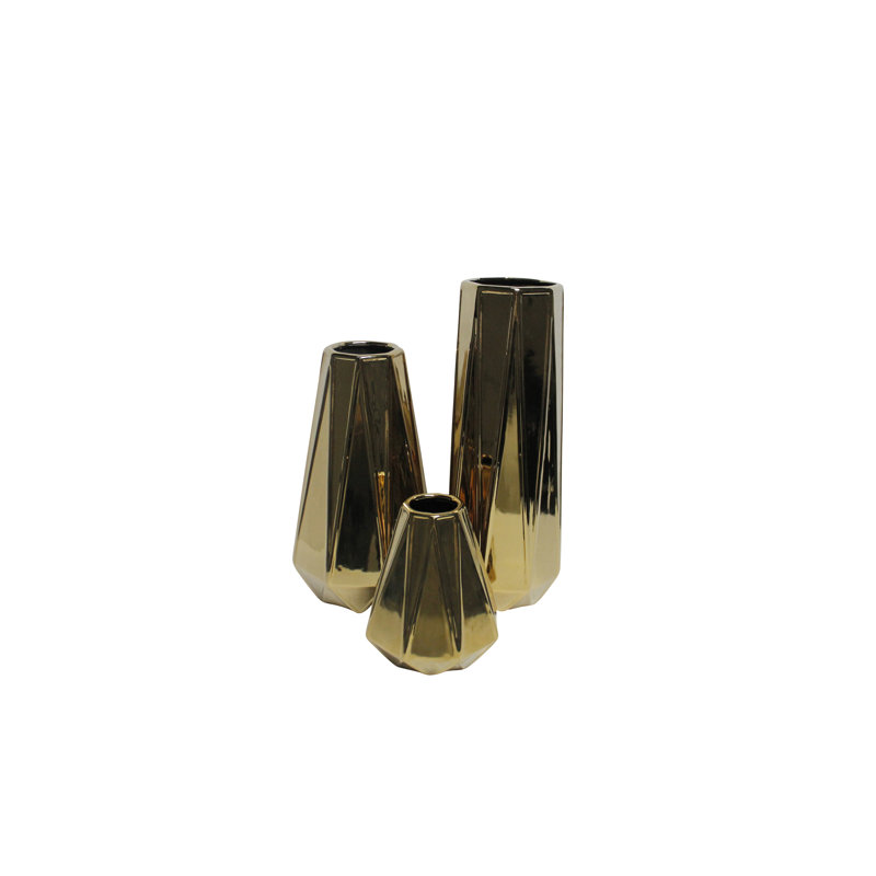 Ceramic Faceted Geometric Decorative Vase Set, Gold