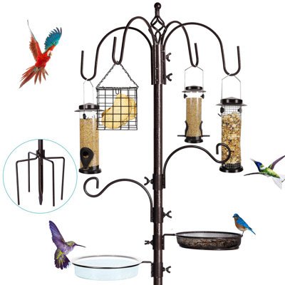 6-Hook Bird Feeding Station Kit, Wild Bird Feeder Stand Pole, Multi-Feeder Kit Stand With 4 Feeders, Bird Bath And Mesh Tray, 94 Inch