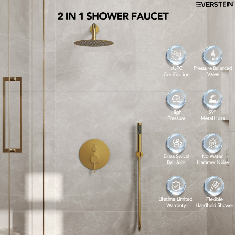  Pressure-Balanced Shower System ,10-Inch Rainfall Shower Faucet with Rough-in Valve, Brushed Gold, 2.0