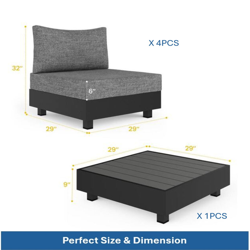 Ensemble modulaire de patio 5 pièces en aluminium gris avec chaises modulaires et table basse