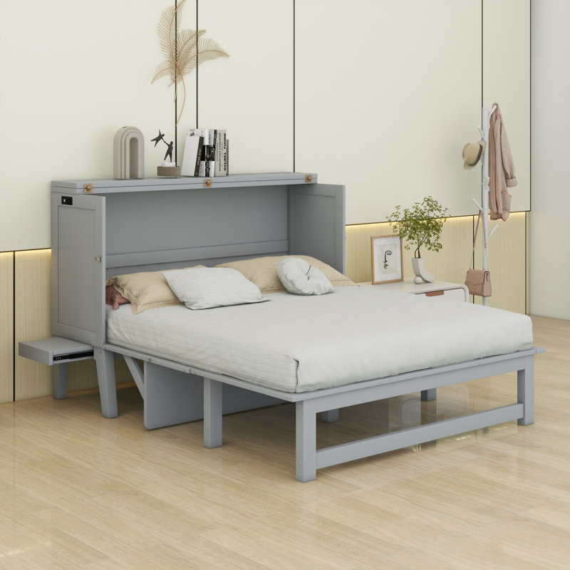 Lit escamotable avec port USB et tablettes amovibles de chaque côté, Gris, Grand lit