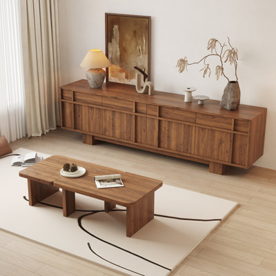 Modern Tv Stand And Coffee Table Set Of 2, Tv Console With 4 Drawers & 4 Cabinet Doors, Free Adjustable Shape Center Tables With Spacious Top For Living Room