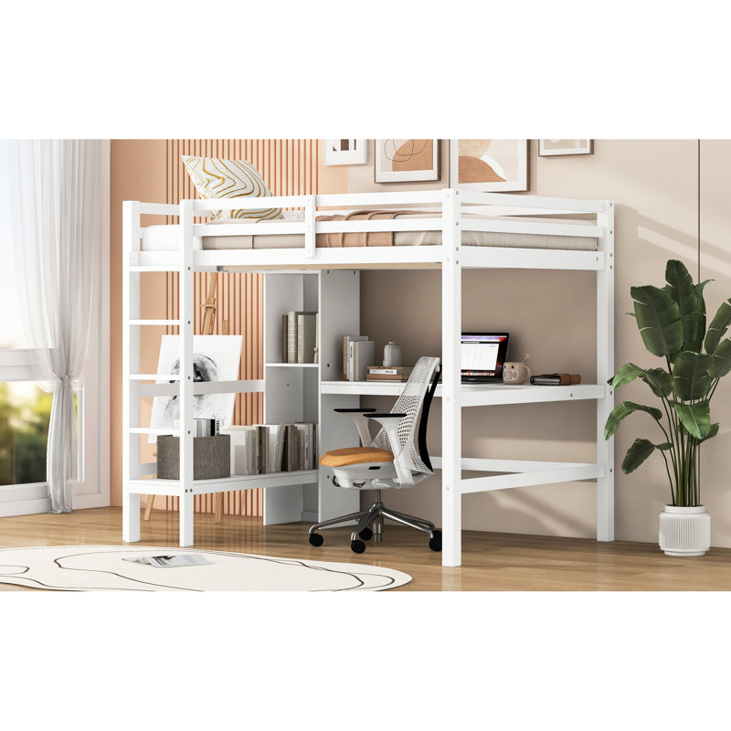 Lit mezzanine double blanc avec tablettes multifonctionnelles et bureau intégré, structure en bois de pin, style rustique moderne