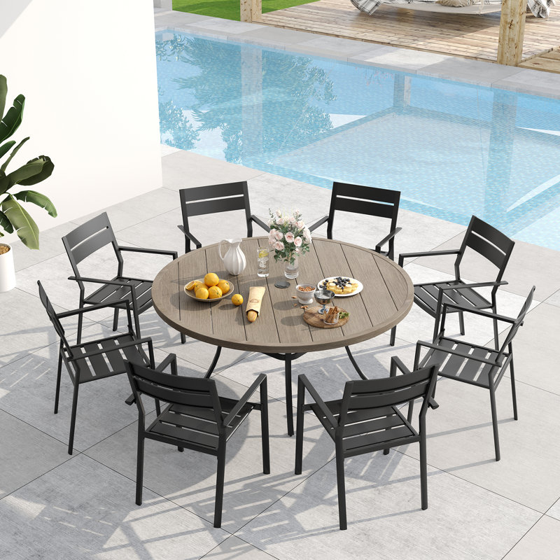 Nazir 8 - Person Patio Dining Set with Round Table, Brush Wood Gray/Gray