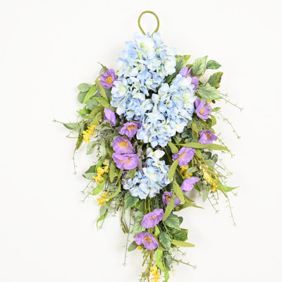 28" Artificial Farmhouse Spring Summer Greenery Foliage Hydrangea Poppy Teardrop Floral Swag Front Door Wreath Decor
