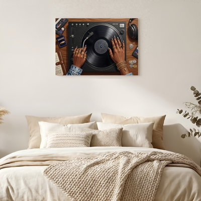 Art mural sur toile noir encadré pour le salon, la chambre à coucher, le bureau ou le vestibule - décoration murale décorative avec plateau tournant en vinyle