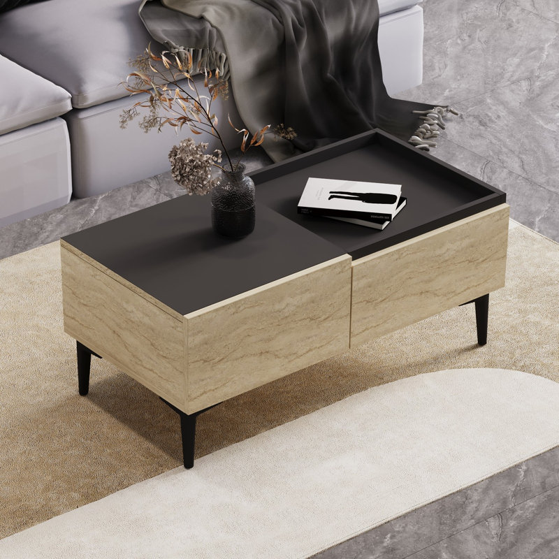 Modern Coffee Table with Additional Storage, Travertine & Anthracite, 36.1 x 15.2 x 17.0 inches | 100% Melamine Coated Particle Board, Thickness: 0.7 inches | Elegant Marble Design, Perfect for Living Room & Contemporary Spaces