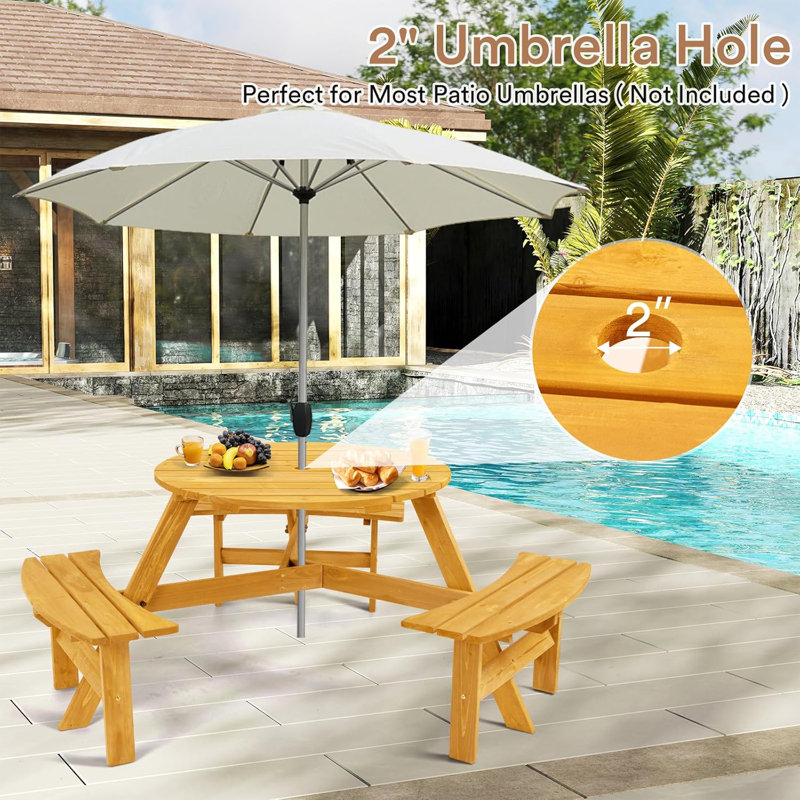 Round Tabletop Wood Picnic Table with Built-in Benches, 6-Person, Natural