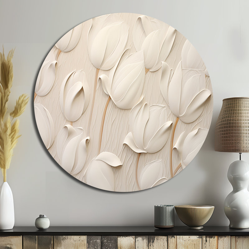 Minimalisme, tulipes blanches symphoniques - art floral rond en métal, H 36 po x l 36 po