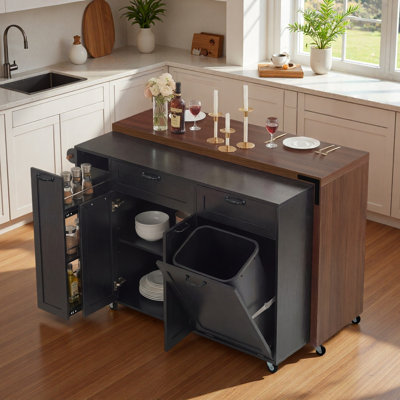 Îlot de cuisine mobile avec table de salle à manger extensible, armoire de rangement pour poubelles, étagère à épices coulissante à 3 niveaux et Whee