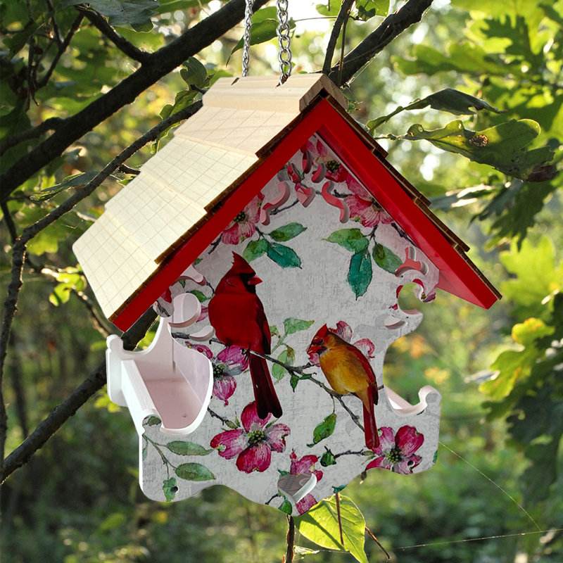 Hanging Metal Bird Feeder with Cardinal and Dogwood Print
