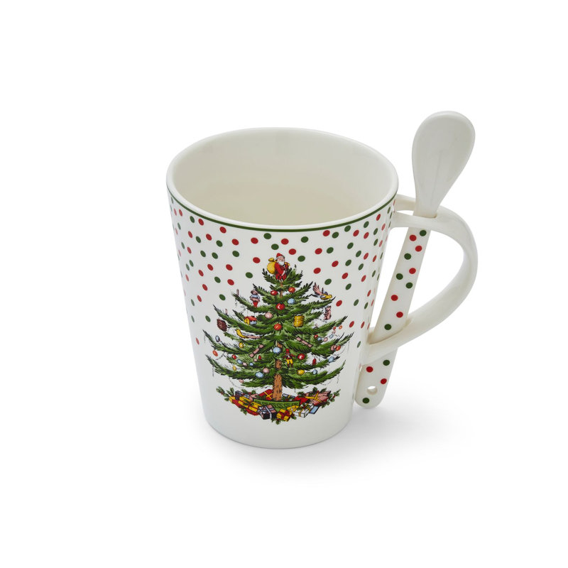 Spode Christmas Tree Polka Dot Mug & Spoon Set 14Oz