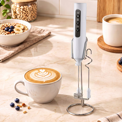 Rechargeable Milk Frother with Stand, 4 Interchangeable Whisks & Travel Case, Handheld Electric Drink Mixer for Lattes, Matcha, Hot Chocolate, Eggs & Protein Shakes