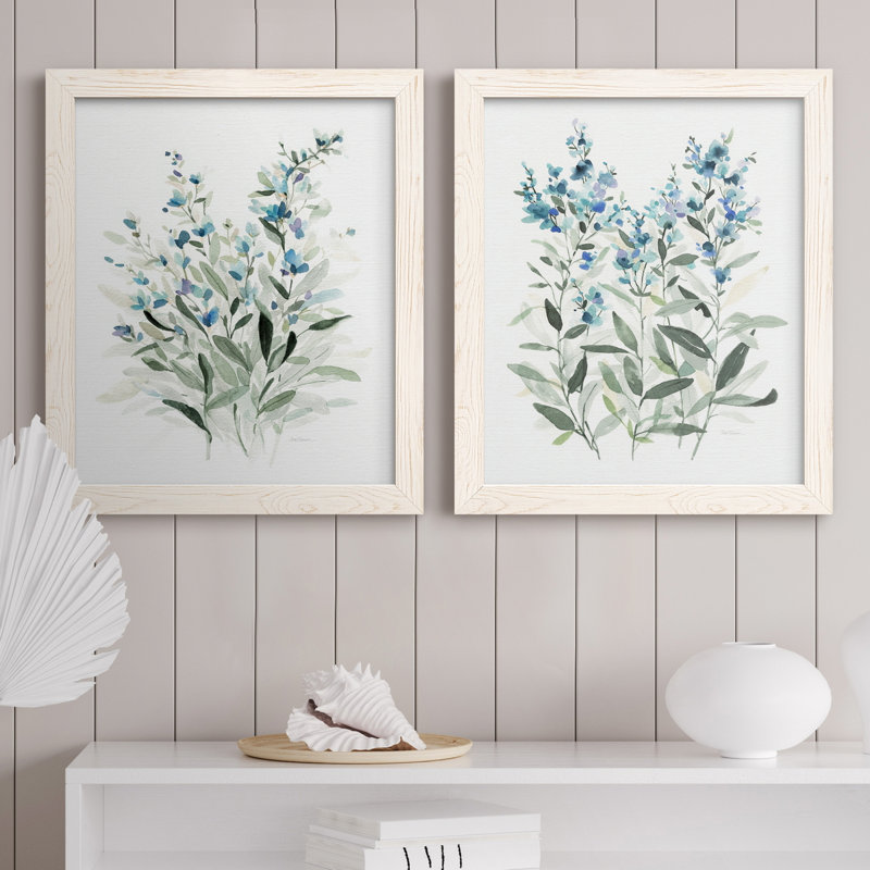 «Delicate Blue Botanical I», ensemble de 2 peintures sur toile encadrées, H 37,5 po x l 55 po x P 1,5 po, Blanc