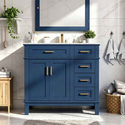 Meuble-lavabo bleu 36 po avec lavabo en céramique, portes et tiroirs à fermeture en douceur