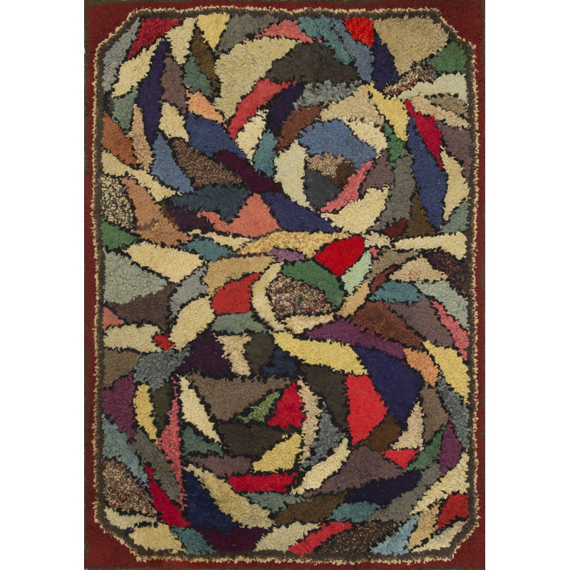 Colorful Antique Artistic American Folk Art Crazy Quilt Pattern Hooked Rug