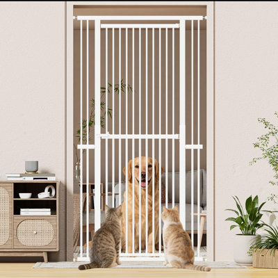 Barrière de sécurité Snuowu pour animaux de compagnie de 51 à 87 po de largeur, barrière de sécurité pour chien sans perçage de 29,5 à 40,5 po de largeur, barrière de porte en métal pour portes, escaliers, cuisines, blanc