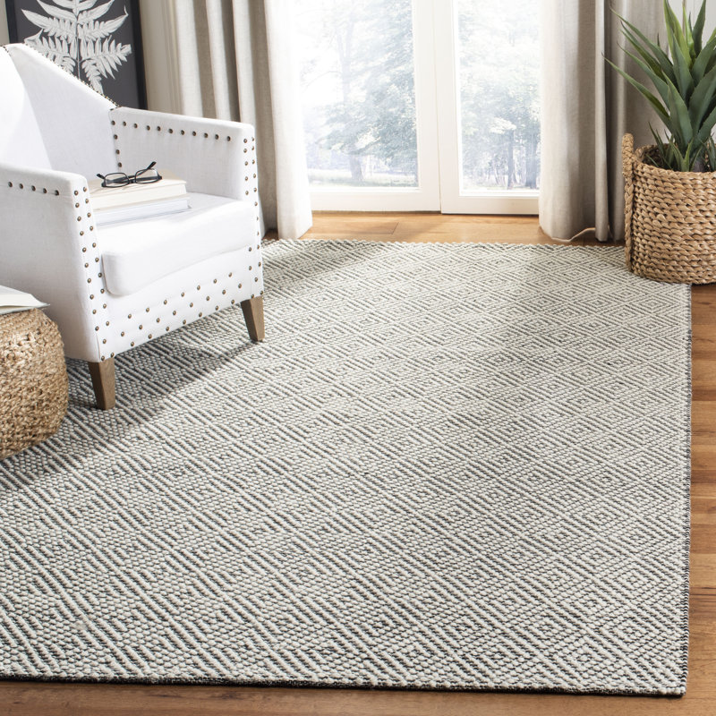 Tapis ivoire / noir en laine tissé à la main Matchett, Rectangle 8 pi x 10 pi