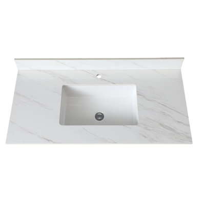Comptoir de meuble-lavabo 43 po - Pierre frittée blanche avec trous de robinet pré-percés et dosseret central 43 po, dosseret, option de trou