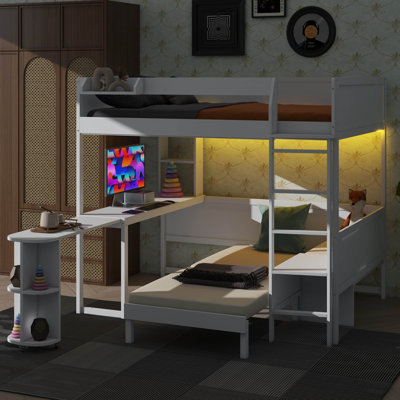 Full-Size Wooden Loft Bed, Equipped With Desk, Bedside Storage, Couch, And Lighting System
