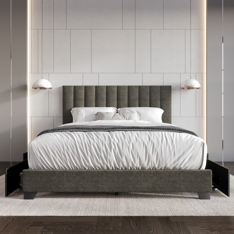 Lit plateforme tapissier avec rangement Kocis, Gris, Grand