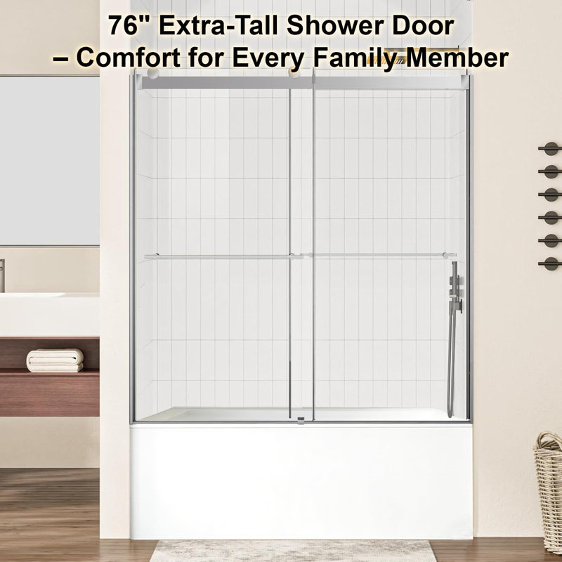 60"W X 60" H Double Sliding Frameless Tub Door With 5/16"(8mm) Clear Tempered Glass, Chrome