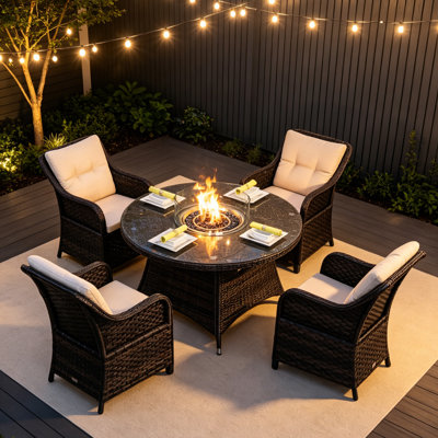5-Piece Outdoor Aluminum Fire Pit Set With CSA Certified Round Table, Triple-Weave PE Rattan Armchairs