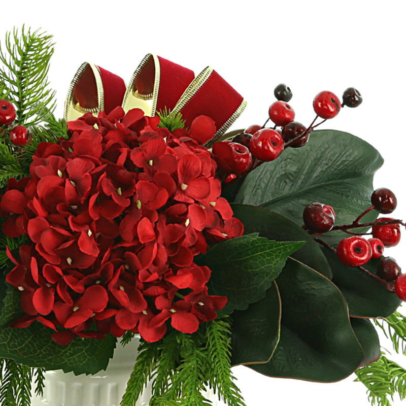 Hydrangea Holiday Arrangement With Pine, Berries And Bows In A Ceramic Pot