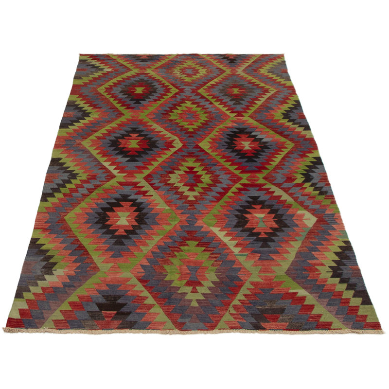 Tapis vert/noir/rouge 5 pi 6 po x 11 pi en laine one-of-a-kind fait main kilim Sagamore