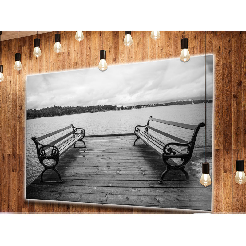 «Benches on Bridge by Water Side», photographie, H 38 po x l 38 po x P 1 po, Métal
