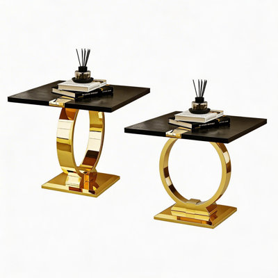  Ensemble de 2 tables de bout 23 po Balck and Gold, table d'appoint moderne avec base en U en acier inoxydable poli pour le salon et la chambre à coucher