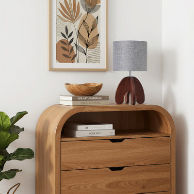 14.3" Wood Table Lamp With Drum Linen Lampshade , Nightstand Lamp For Living Room, Bedroom