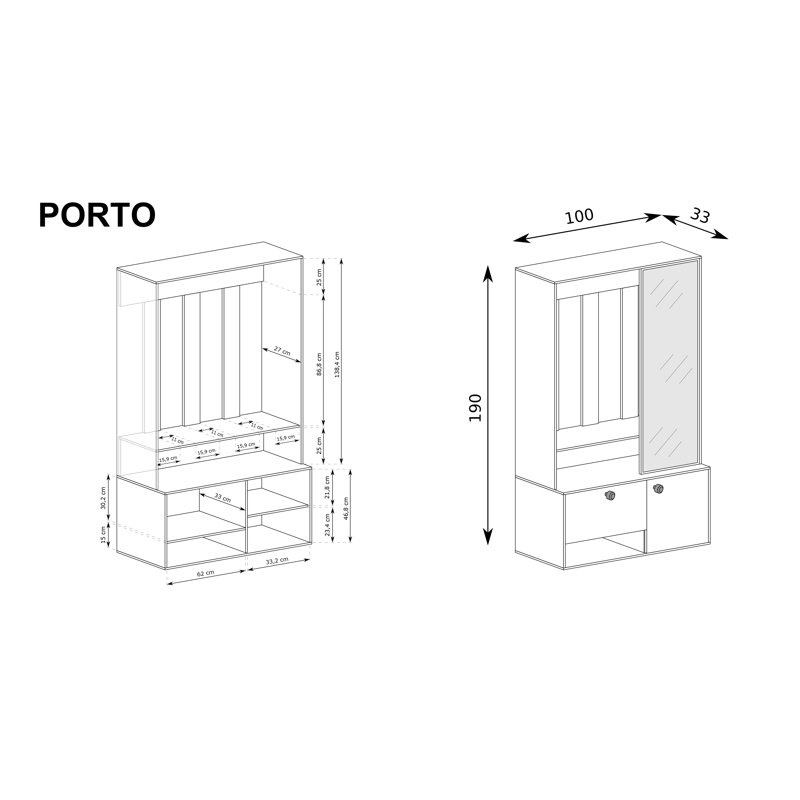 Entrance Wardrobe PORTO Hall Tree 100cm Wide with Shoe Storage, Gray
