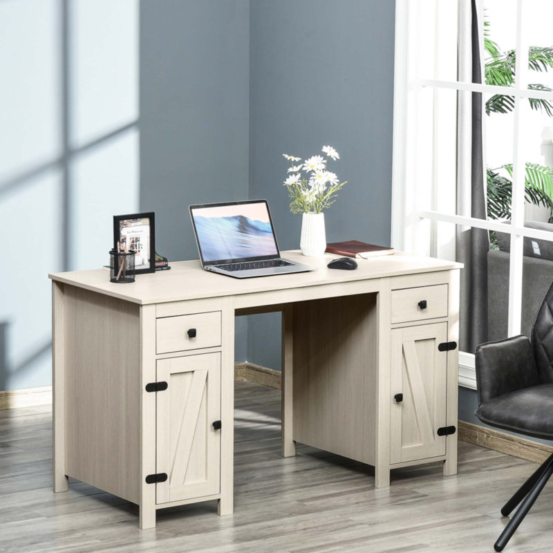 Bureau d'ordinateur de ferme avec rangement, bureau à domicile avec 2 tiroirs et 2 armoires