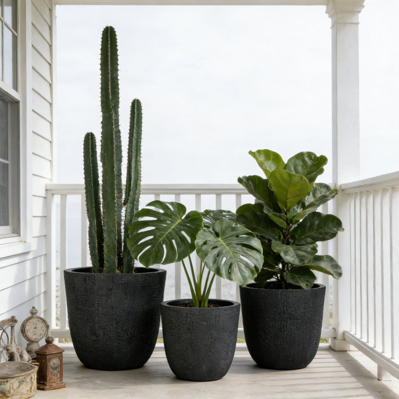 Set Of 3 Lightweight MGO Outdoor Planters With Drainage Holes, Crackle Stone Texture, Stackable All-Weather Flower Pots (Large/Medium/Small)
