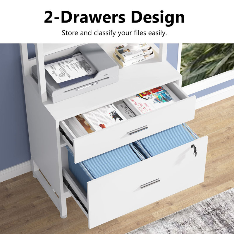 White Vertical 2 Drawer File Cabinet with Lock and Open Shelves