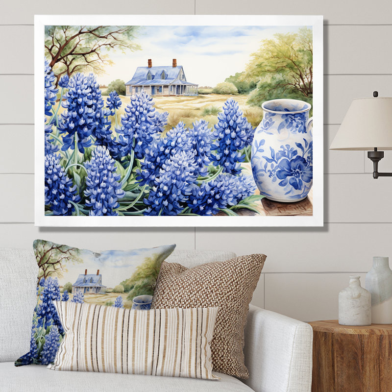 Blue Bonnets Farmhouse Still Life, reproduction d'art sur toile, H 34 po x l 44 po x P 1,5 po, Blanc